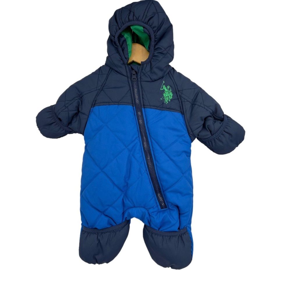 US polo snowsuit 3/6 months hooded puffer covered feet hands blue winter jacket